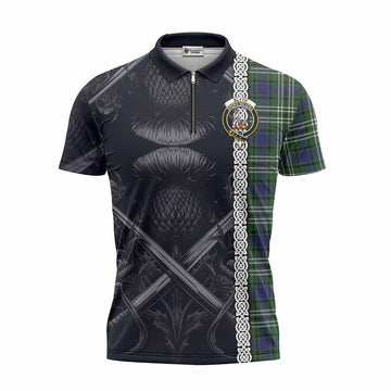 Blyth Tartan Zipper Polo Shirt with Family Crest Cross Sword Thistle Celtic Vibes Unisex - Tartan Vibes Clothing
