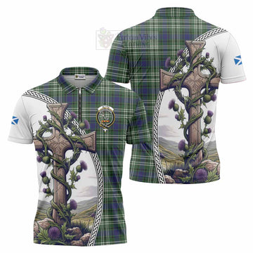 Blyth Tartan Zipper Polo Shirt with Family Crest and St. Andrew's Cross Accented by Thistle Vines Unisex - Tartan Vibes Clothing