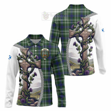Blyth Tartan Long Sleeve Polo Shirt with Family Crest and St. Andrew's Cross Accented by Thistle Vines Unisex - Tartan Vibes Clothing