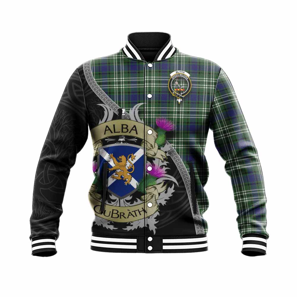 Blyth Tartan Family Crest Baseball Jacket Lion Rampant Royal Thistle Shield Celtic Inspired Unisex - Tartan Vibes Clothing