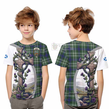 Blyth Tartan Kid T-Shirt with Family Crest and St. Andrew's Cross Accented by Thistle Vines Youth XL Size14 - Tartan Vibes Clothing