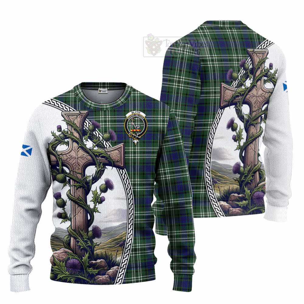 Blyth Tartan Knitted Sweater with Family Crest and St. Andrew's Cross Accented by Thistle Vines Unisex - Tartan Vibes Clothing