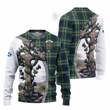 Blyth Tartan Knitted Sweater with Family Crest and St. Andrew's Cross Accented by Thistle Vines Unisex - Tartan Vibes Clothing