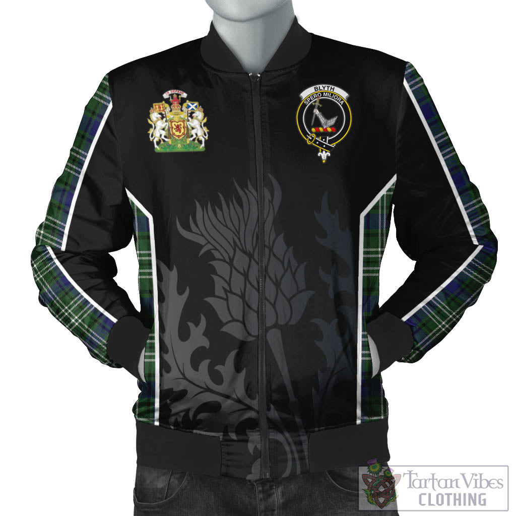 Blyth Tartan Bomber Jacket with Family Crest and Scottish Thistle Vibes Sport Style Unisex Black - Tartan Vibes Clothing