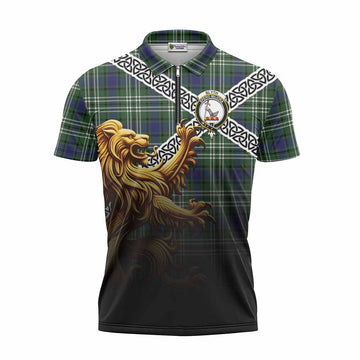 Blyth Crest Tartan Zipper Polo Shirt with Golden Lion Emblem Celtic Style Unisex - Tartan Vibes Clothing