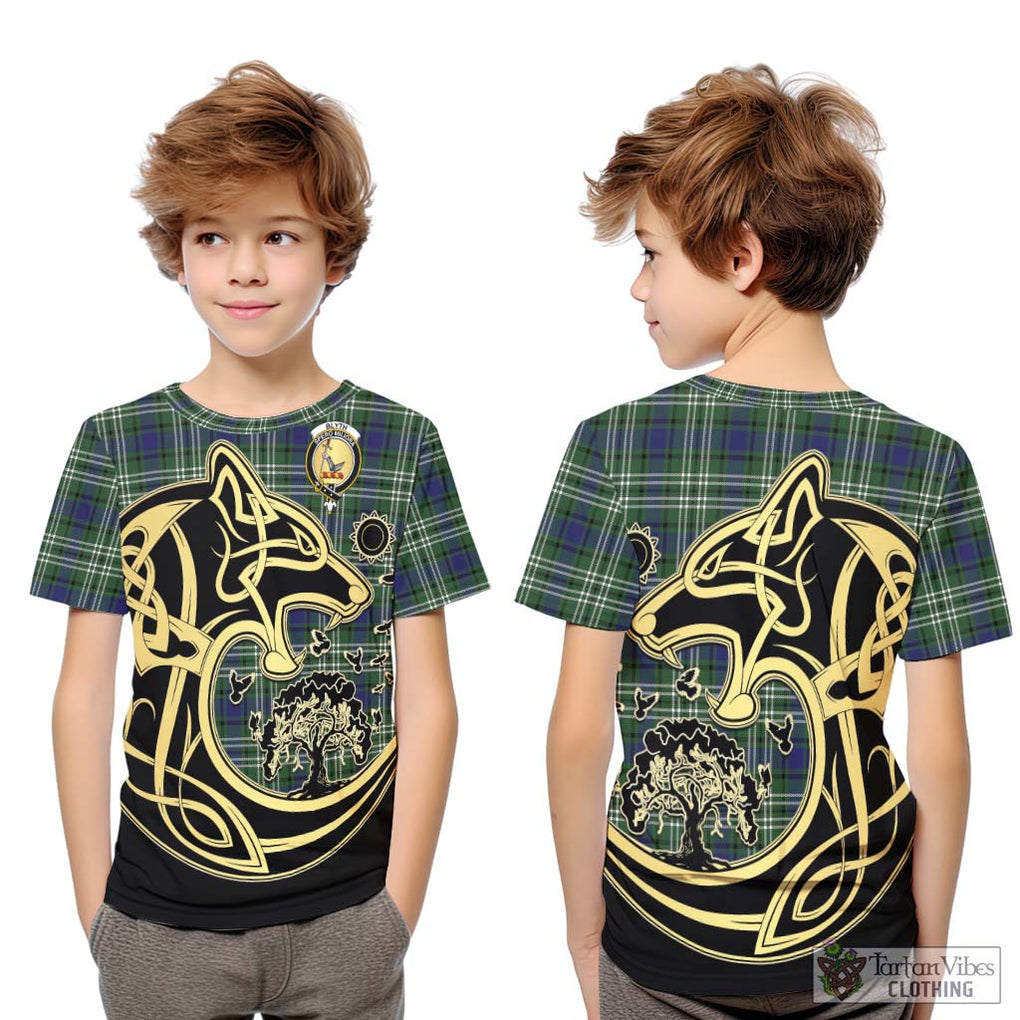 Blyth Tartan Kid T-Shirt with Family Crest Celtic Wolf Style Youth XL Size14 - Tartan Vibes Clothing