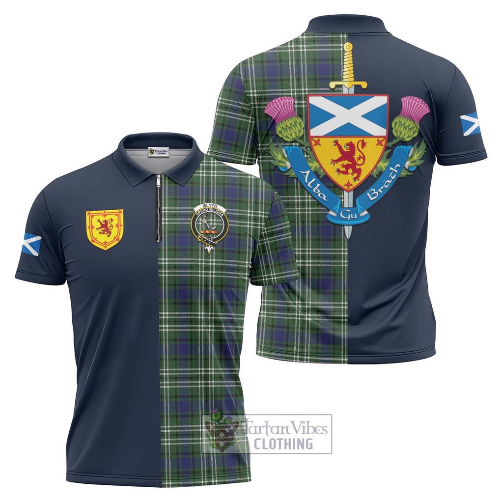 Blyth Tartan Zipper Polo Shirt Alba with Scottish Lion Royal Arm Half Style Unisex - Tartan Vibes Clothing
