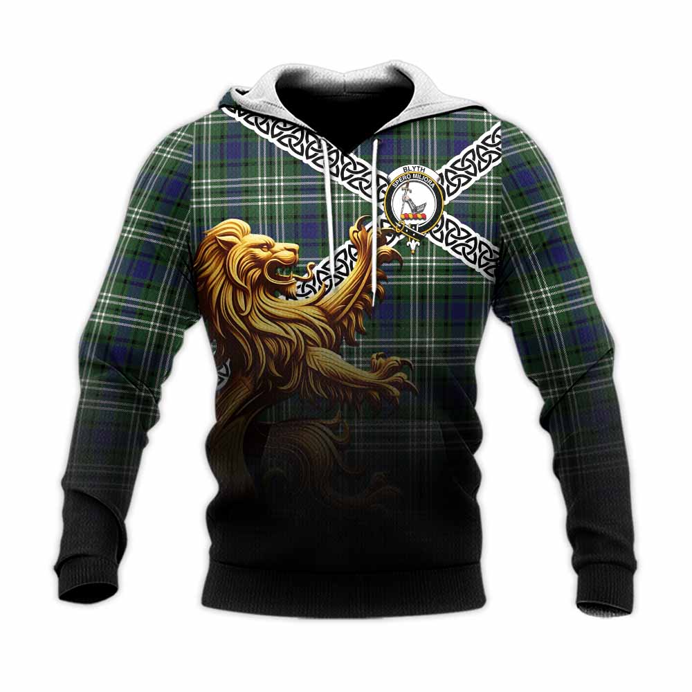 Blyth Crest Tartan Knitted Hoodie with Golden Lion Emblem Celtic Style Unisex Knitted Pullover Hoodie - Tartan Vibes Clothing