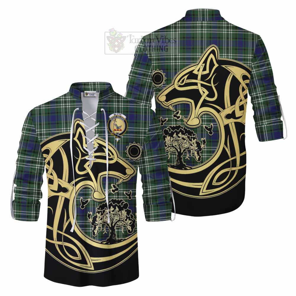 Blyth Tartan Ghillie Kilt Shirt with Family Crest Celtic Wolf Style Men - Tartan Vibes Clothing