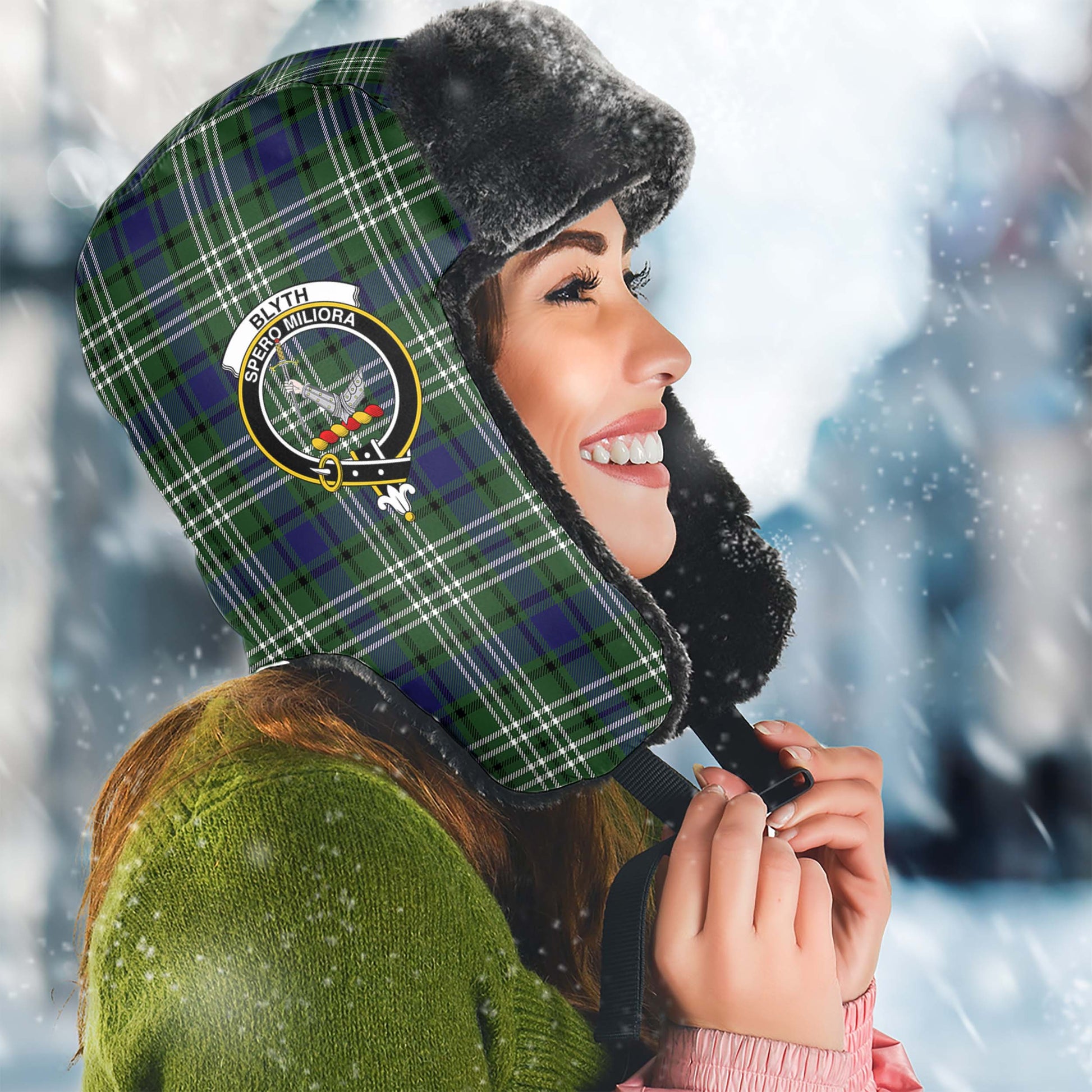 Blyth Tartan Winter Trapper Hat with Family Crest Winter Trapper Hat Universal Fit Circumference 22.8in (58cm) - Tartanvibesclothing
