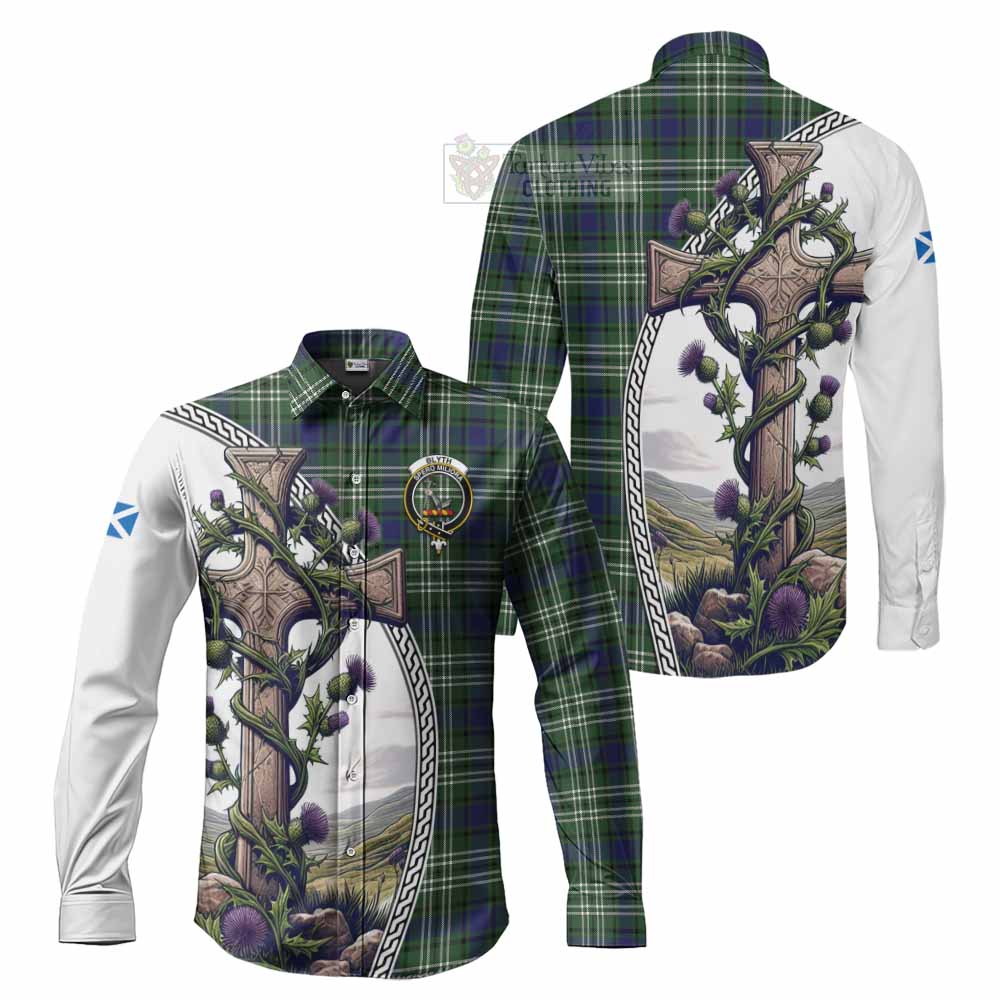 Blyth Tartan Long Sleeve Button Shirt with Family Crest and St. Andrew's Cross Accented by Thistle Vines Men's Shirt S - Tartan Vibes Clothing