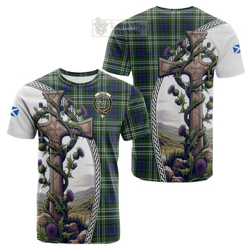 Blyth Tartan Cotton T-shirt with Family Crest and St. Andrew's Cross Accented by Thistle Vines Kid's Shirt - Tartan Vibes Clothing