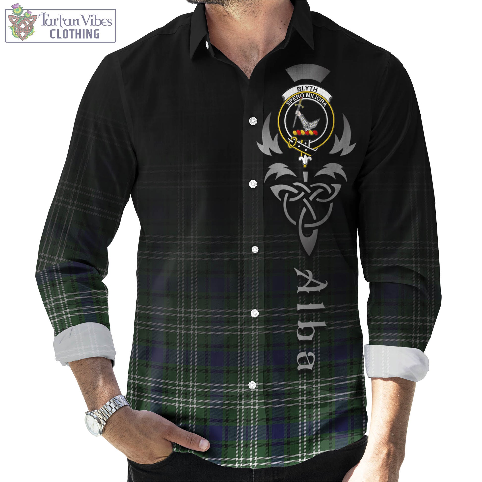 Tartan Vibes Clothing Blyth Tartan Long Sleeve Button Up Featuring Alba Gu Brath Family Crest Celtic Inspired