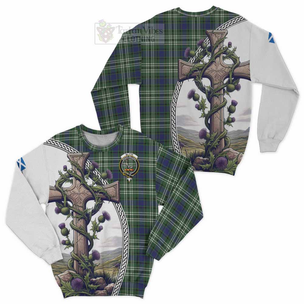 Tartan Vibes Clothing Blyth Tartan Sweatshirt with Family Crest and St. Andrew's Cross Accented by Thistle Vines