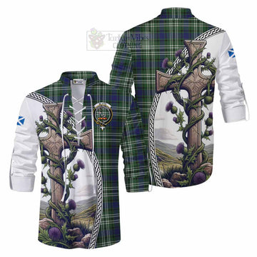 Blyth Tartan Ghillie Kilt Shirt with Family Crest and St. Andrew's Cross Accented by Thistle Vines Men - Tartan Vibes Clothing