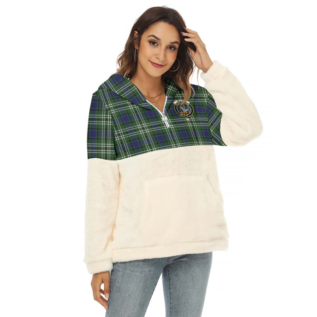 Blyth Tartan Half Style Women's Borg Fleece Hoodie with Half Zip with Family Crest Female - Tartan Vibes Clothing