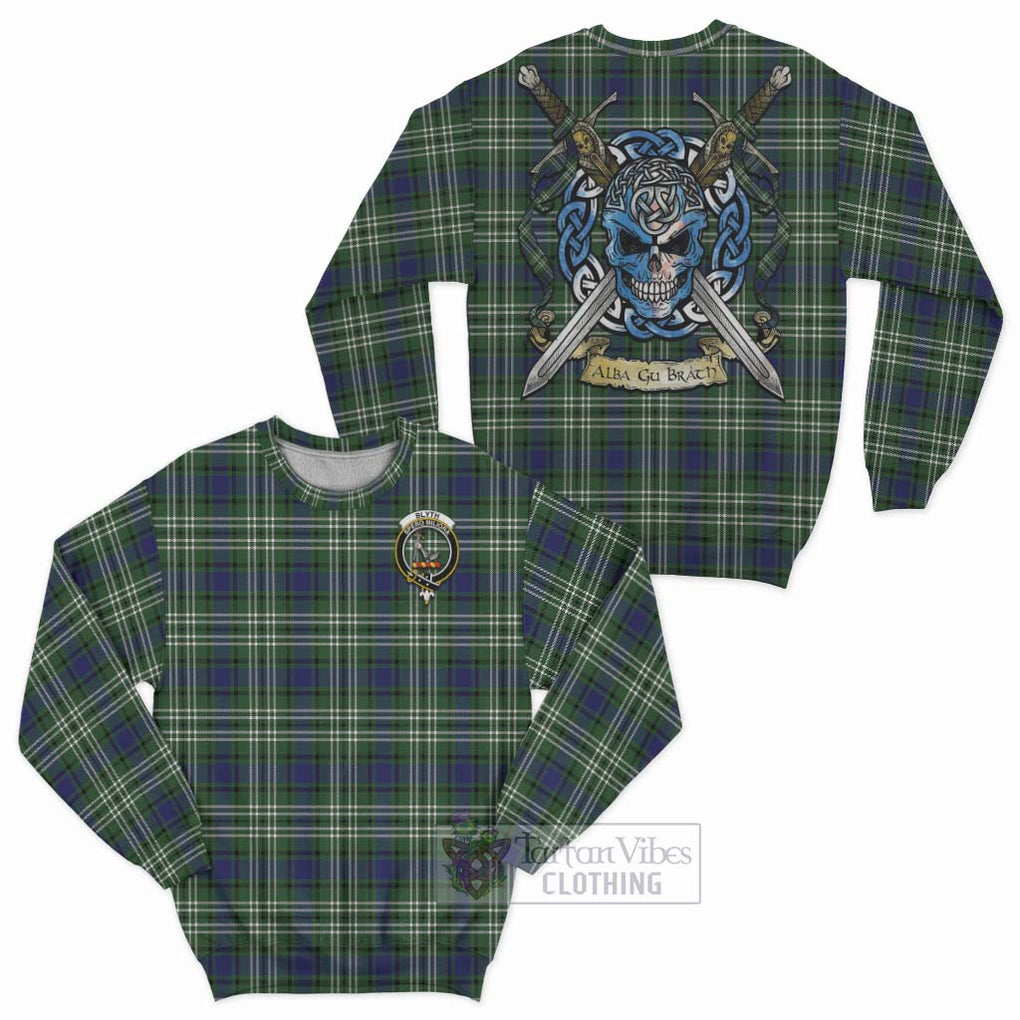 Tartan Vibes Clothing Blyth Tartan Sweatshirt with Family Crest Celtic Skull Style