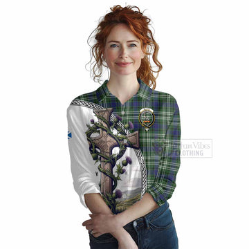 Blyth Tartan Women's Casual Shirt with Family Crest and St. Andrew's Cross Accented by Thistle Vines Female - Tartan Vibes Clothing