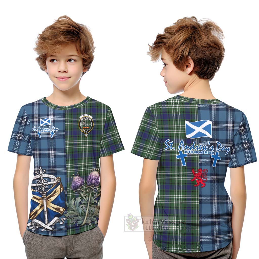 Blyth Tartan Kid T-Shirt Happy St. Andrew's Day Half Tartan Style Youth XL Size14 - Tartan Vibes Clothing