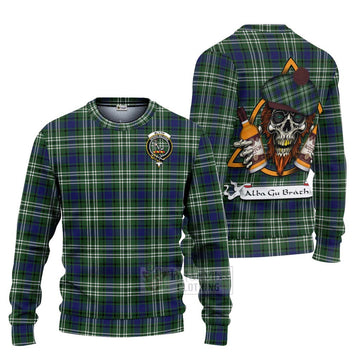 Blyth Tartan Ugly Sweater with Family Crest and Bearded Skull Holding Bottles of Whiskey Unisex - Tartan Vibes Clothing