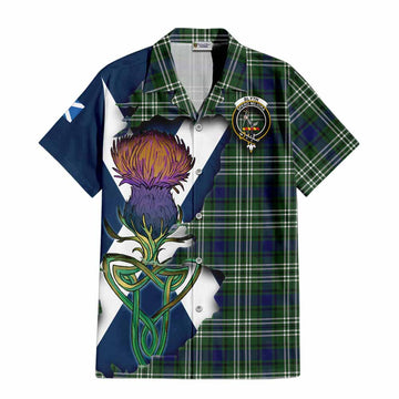 Tartan Vibes Clothing Blyth Tartan Family Crest Short Sleeve Button Shirt Scottish Thistle Celtic Inspired