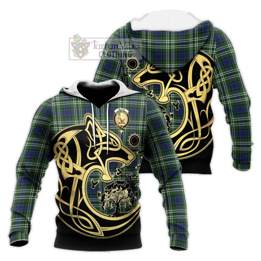 Blyth Tartan Knitted Hoodie with Family Crest Celtic Wolf Style Unisex Knitted Pullover Hoodie - Tartan Vibes Clothing
