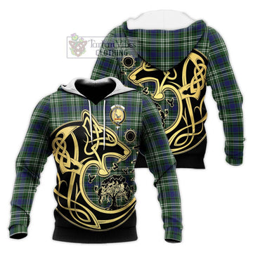 Blyth Tartan Knitted Hoodie with Family Crest Celtic Wolf Style Unisex Knitted Pullover Hoodie - Tartan Vibes Clothing