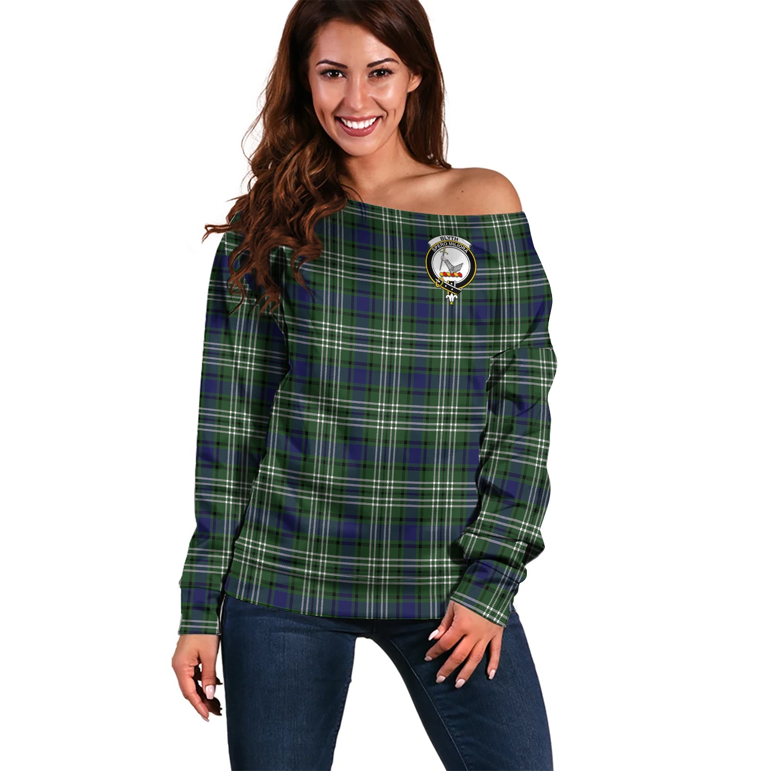 Blyth Tartan Off Shoulder Women Sweater with Family Crest Women - Tartan Vibes Clothing
