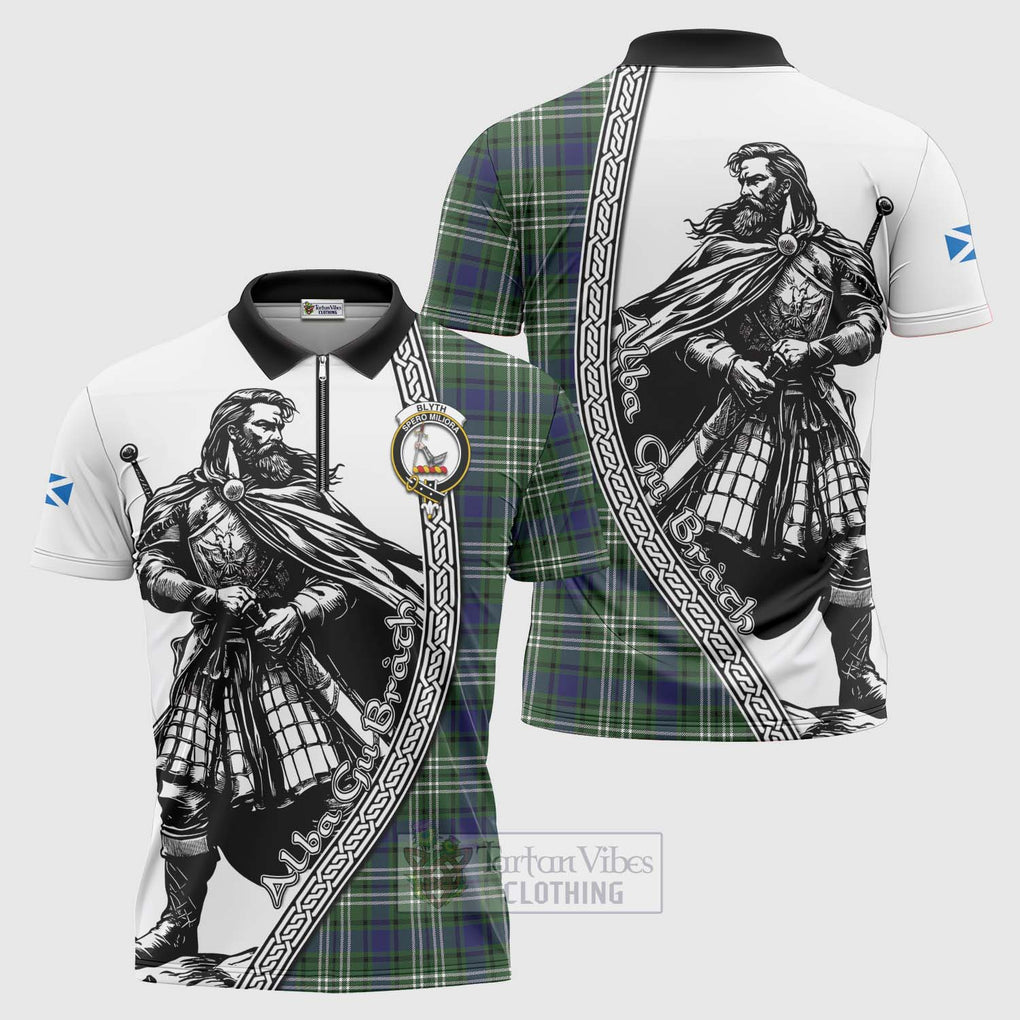 Blyth Tartan Clan Crest Zipper Polo Shirt with Highlander Warrior Celtic Style Unisex - Tartan Vibes Clothing