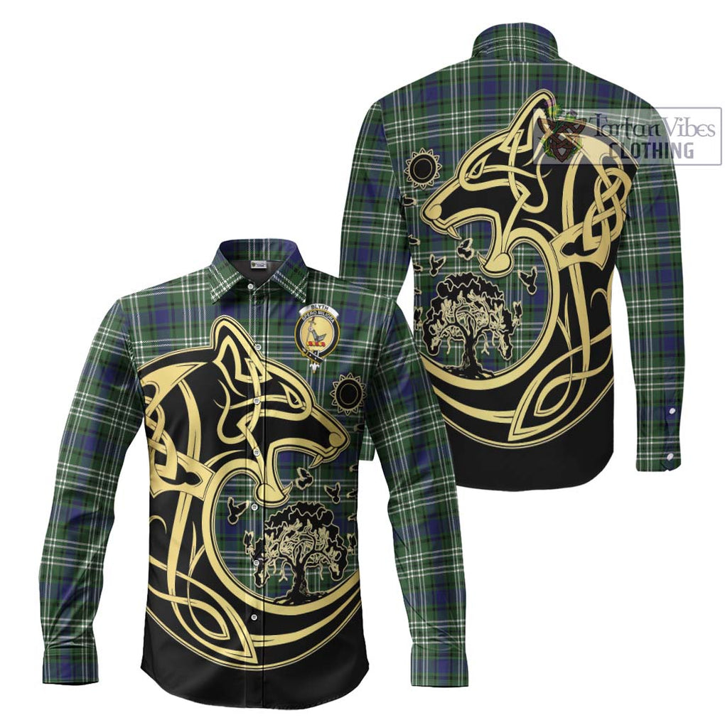 Blyth Tartan Long Sleeve Button Shirt with Family Crest Celtic Wolf Style Men's Shirt S - Tartan Vibes Clothing