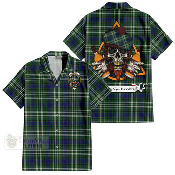 Blyth Tartan Hawaiian Shirt with Family Crest and Bearded Skull Holding Bottles of Whiskey Kid - Tartan Vibes Clothing