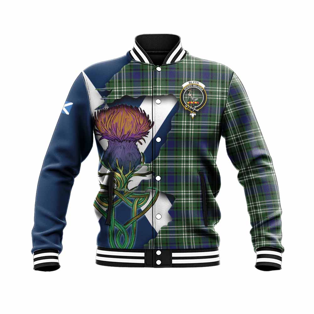 Tartan Vibes Clothing Blyth Tartan Family Crest Baseball Jacket Scottish Thistle Celtic Inspired