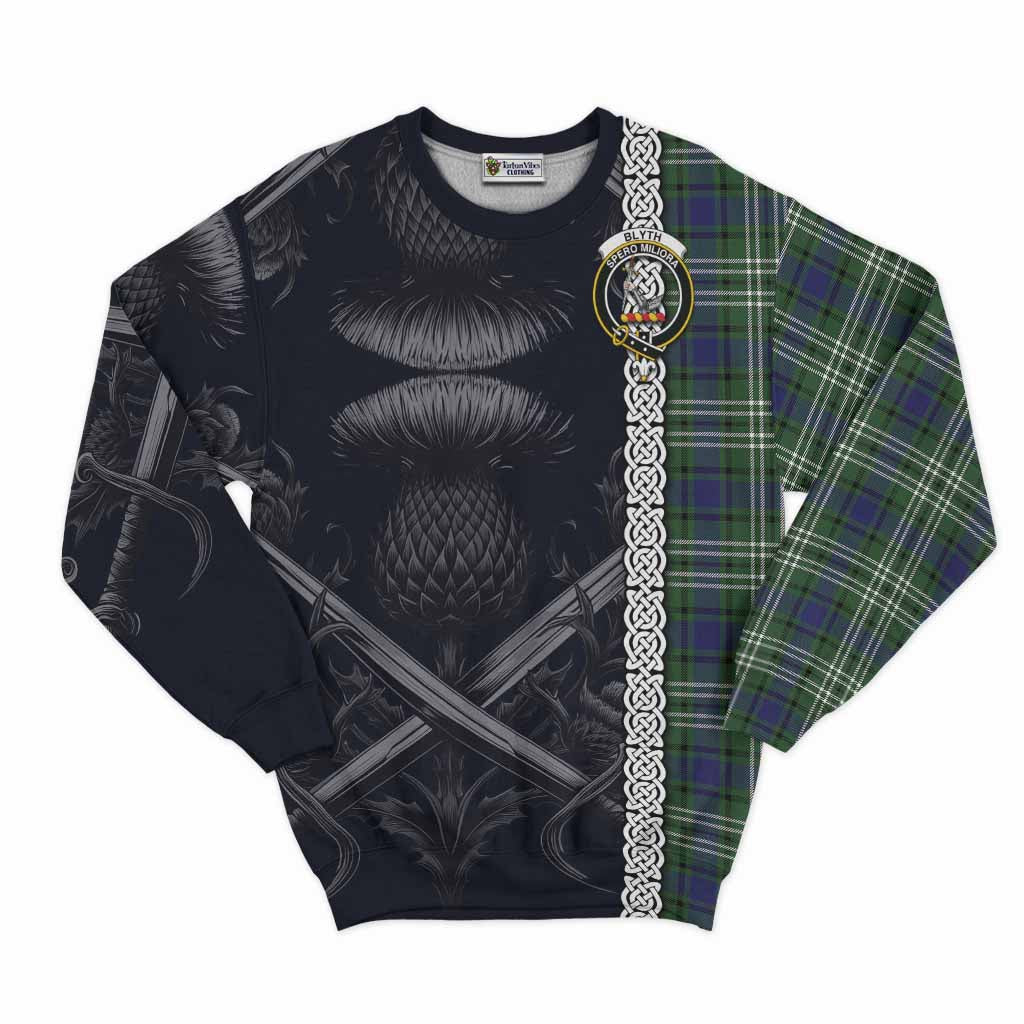 Tartan Vibes Clothing Blyth Tartan Sweatshirt with Family Crest Cross Sword Thistle Celtic Vibes