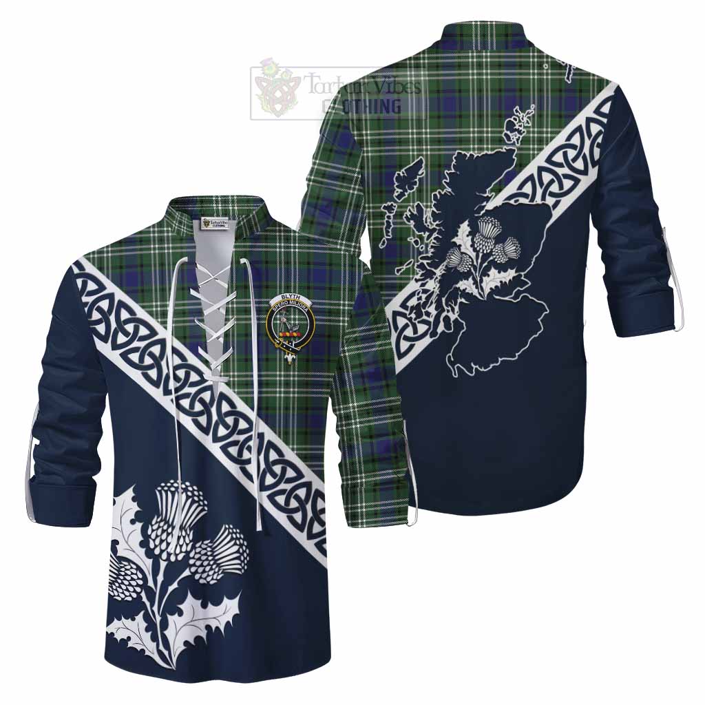 Blyth Tartan Ghillie Kilt Shirt Featuring Thistle and Scotland Map Men - Tartan Vibes Clothing