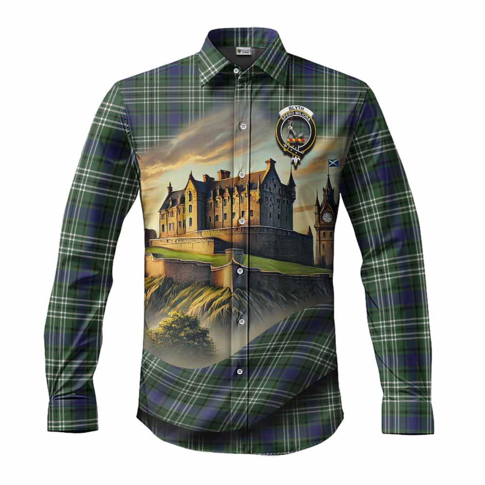 Tartan Vibes Clothing Blyth Tartan Family Crest Long Sleeve Button Shirt with Scottish Ancient Castle Style