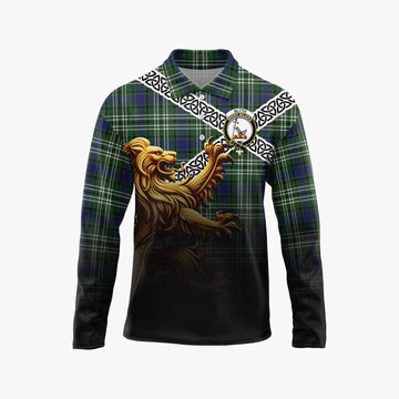 Blyth Crest Tartan Long Sleeve Polo Shirt with Golden Lion Emblem Celtic Style Unisex - Tartan Vibes Clothing