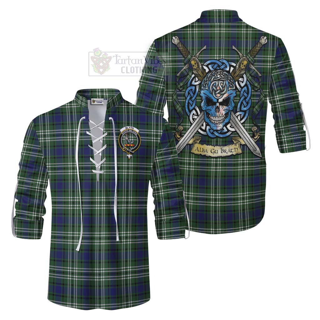 Blyth Tartan Ghillie Kilt Shirt with Family Crest Celtic Skull Style Men - Tartan Vibes Clothing