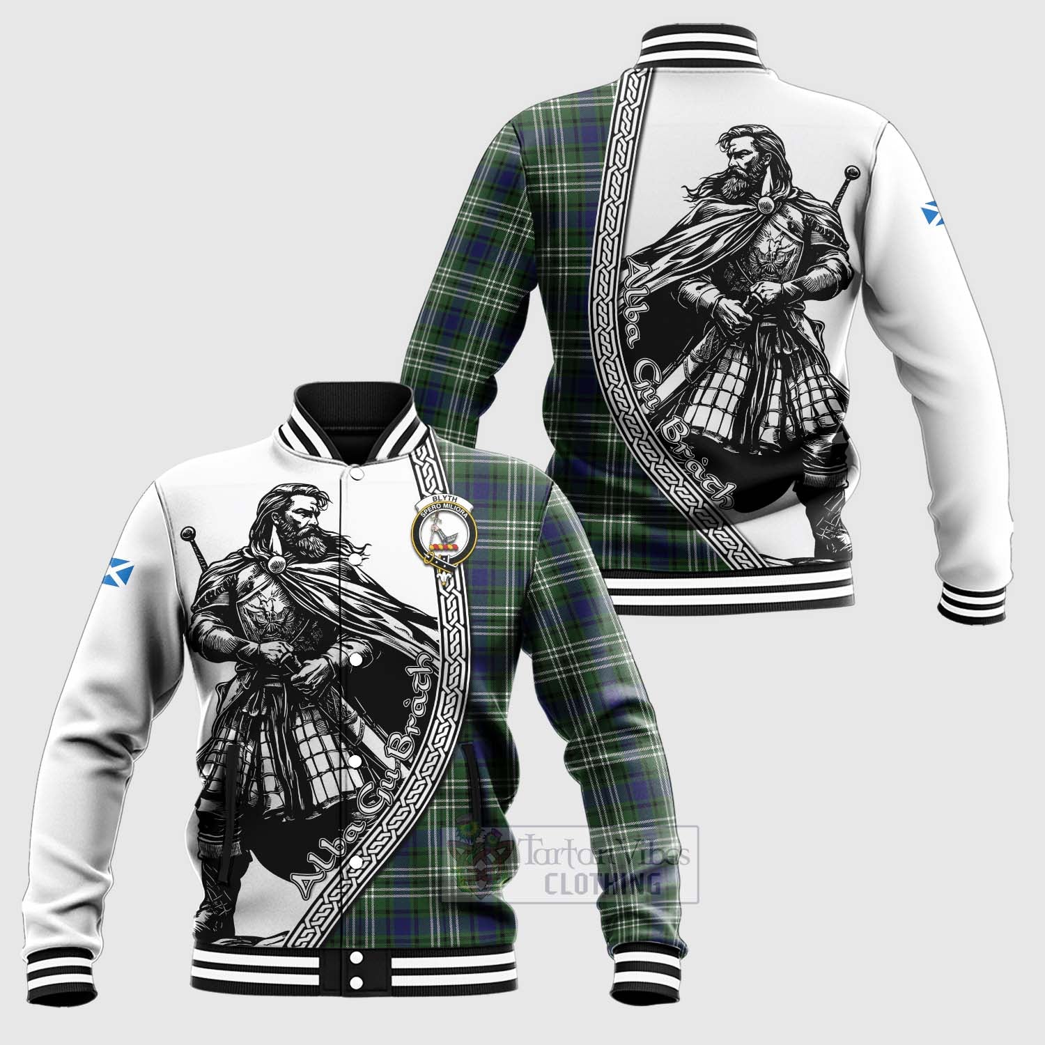 Blyth Tartan Clan Crest Baseball Jacket with Highlander Warrior Celtic Style Unisex - Tartan Vibes Clothing