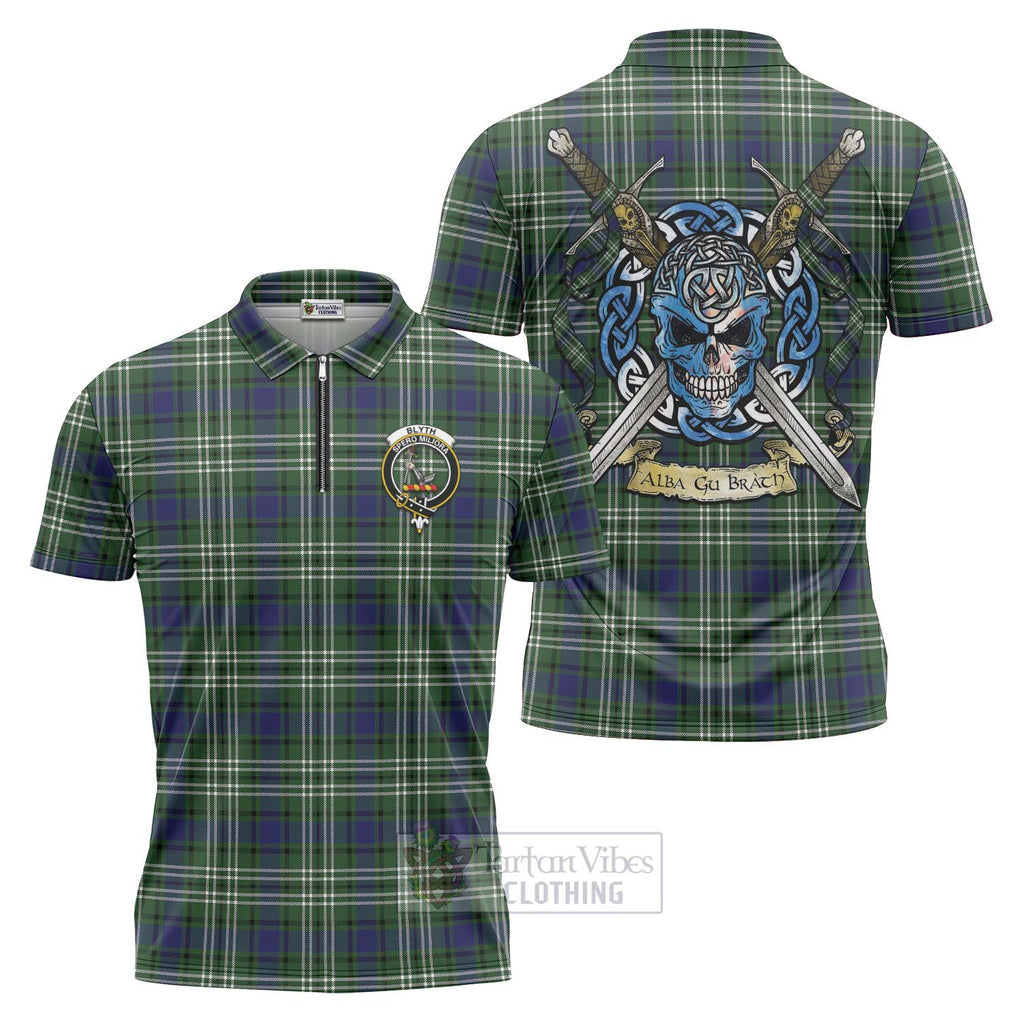 Blyth Tartan Zipper Polo Shirt with Family Crest Celtic Skull Style Unisex - Tartan Vibes Clothing