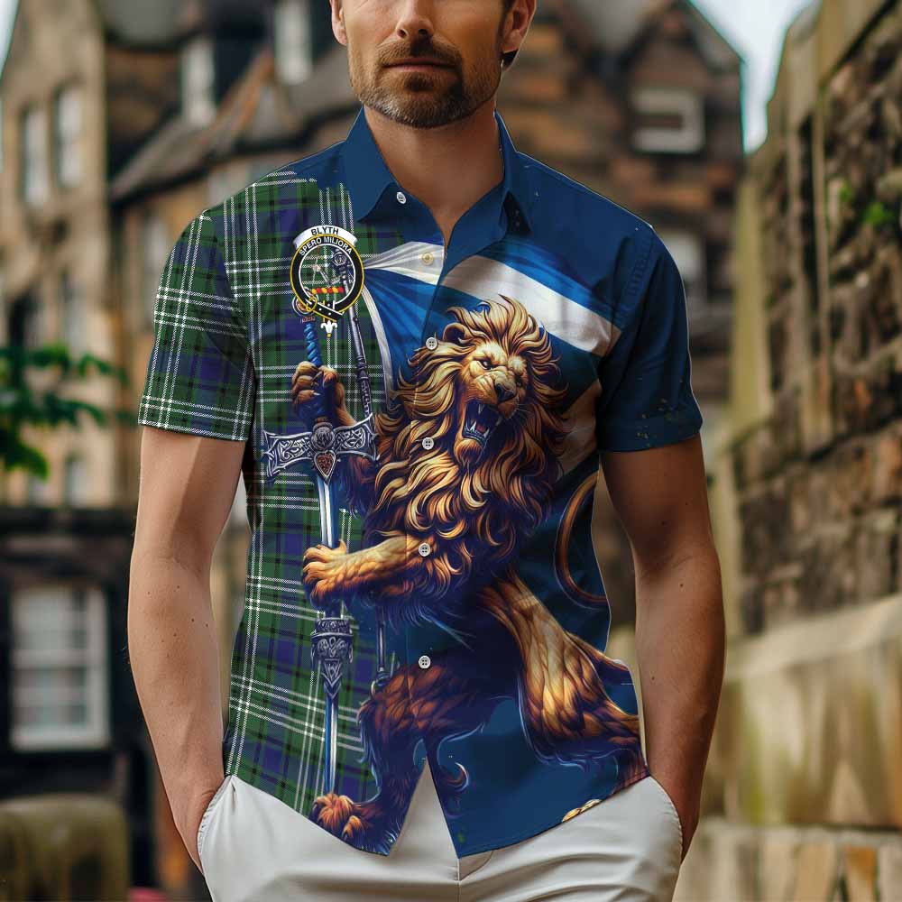 Tartan Vibes Clothing Blyth Tartan Family Crest Short Sleeve Button Shirt with Scottish Majestic Lion