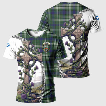 Tartan Vibes Clothing Blyth Agnew Tartan T-Shirt with Family Crest and St. Andrew's Cross Accented by Thistle Vines