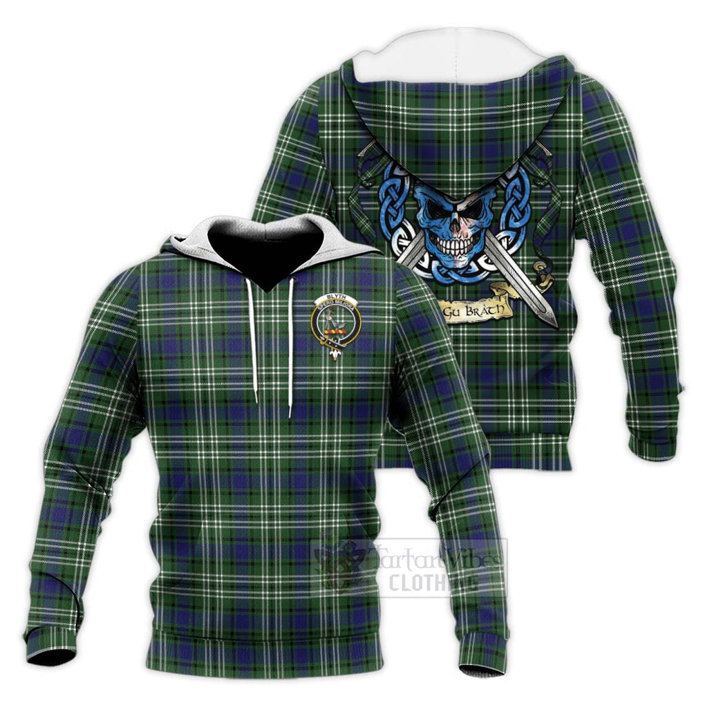 Blyth Tartan Knitted Hoodie with Family Crest Celtic Skull Style Unisex Knitted Pullover Hoodie - Tartan Vibes Clothing