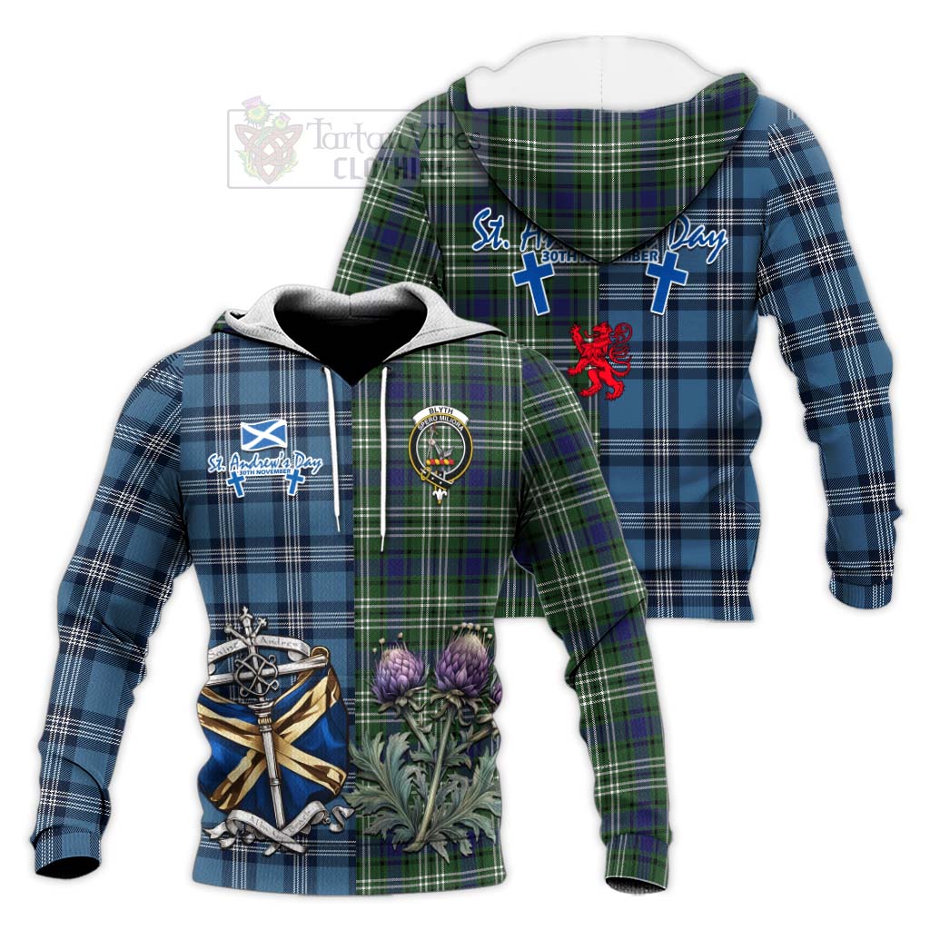 Blyth Tartan Knitted Hoodie Happy St. Andrew's Day Half Tartan Style Unisex Knitted Pullover Hoodie - Tartan Vibes Clothing