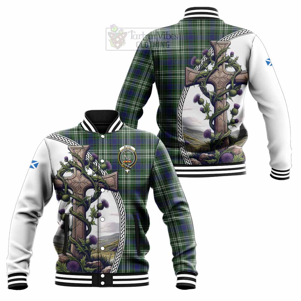 Blyth Tartan Baseball Jacket with Family Crest and St. Andrew's Cross Accented by Thistle Vines Unisex - Tartan Vibes Clothing