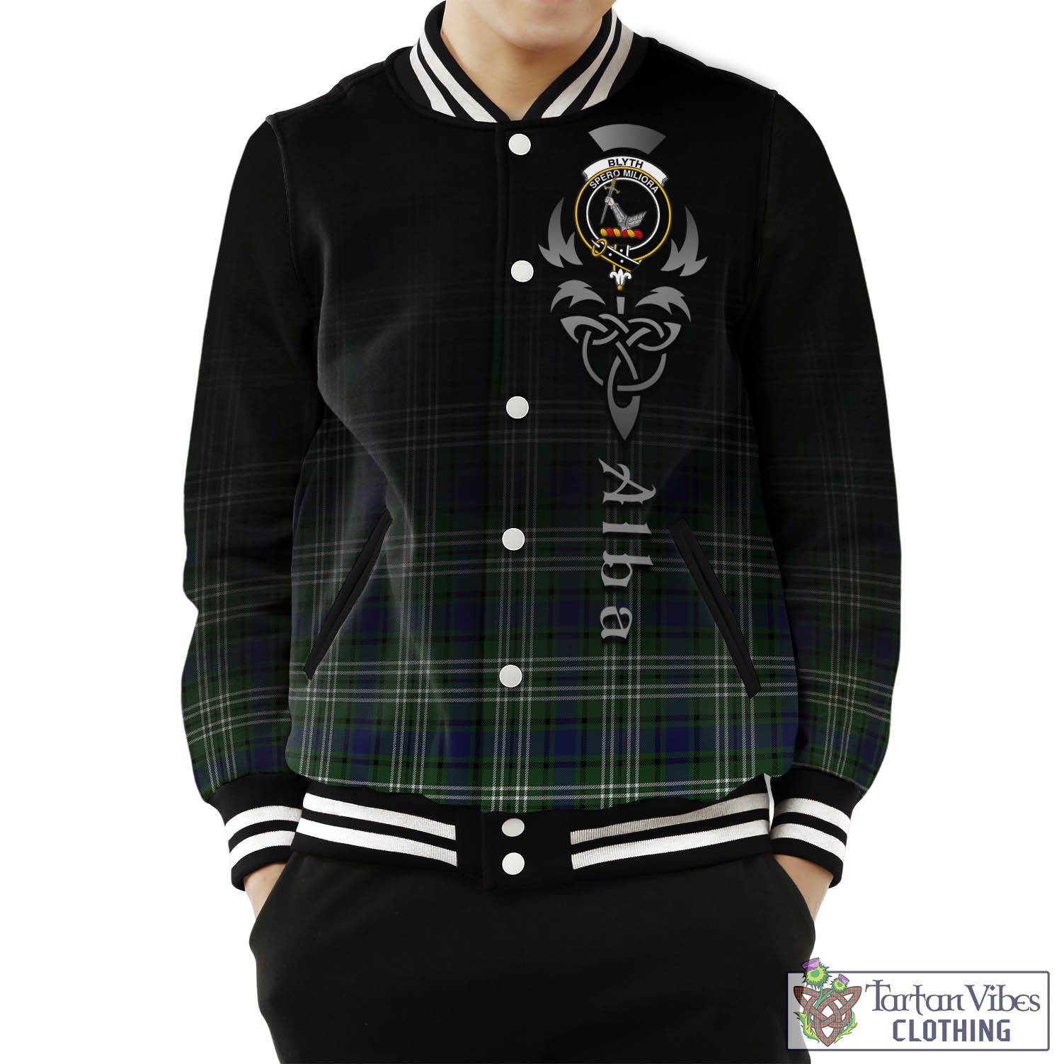 Tartan Vibes Clothing Blyth Tartan Baseball Jacket Featuring Alba Gu Brath Family Crest Celtic Inspired
