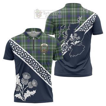 Blyth Tartan Zipper Polo Shirt Featuring Thistle and Scotland Map Unisex - Tartanvibesclothing Store