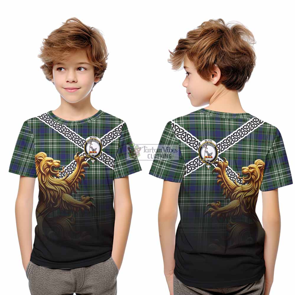Tartan Vibes Clothing Blyth Crest Tartan Kid T-Shirt with Golden Lion Emblem Celtic Style