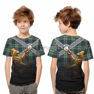 Tartan Vibes Clothing Blyth Crest Tartan Kid T-Shirt with Golden Lion Emblem Celtic Style