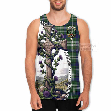 Blyth Tartan Men's Tank Top with Family Crest and St. Andrew's Cross Accented by Thistle Vines - Tartan Vibes Clothing