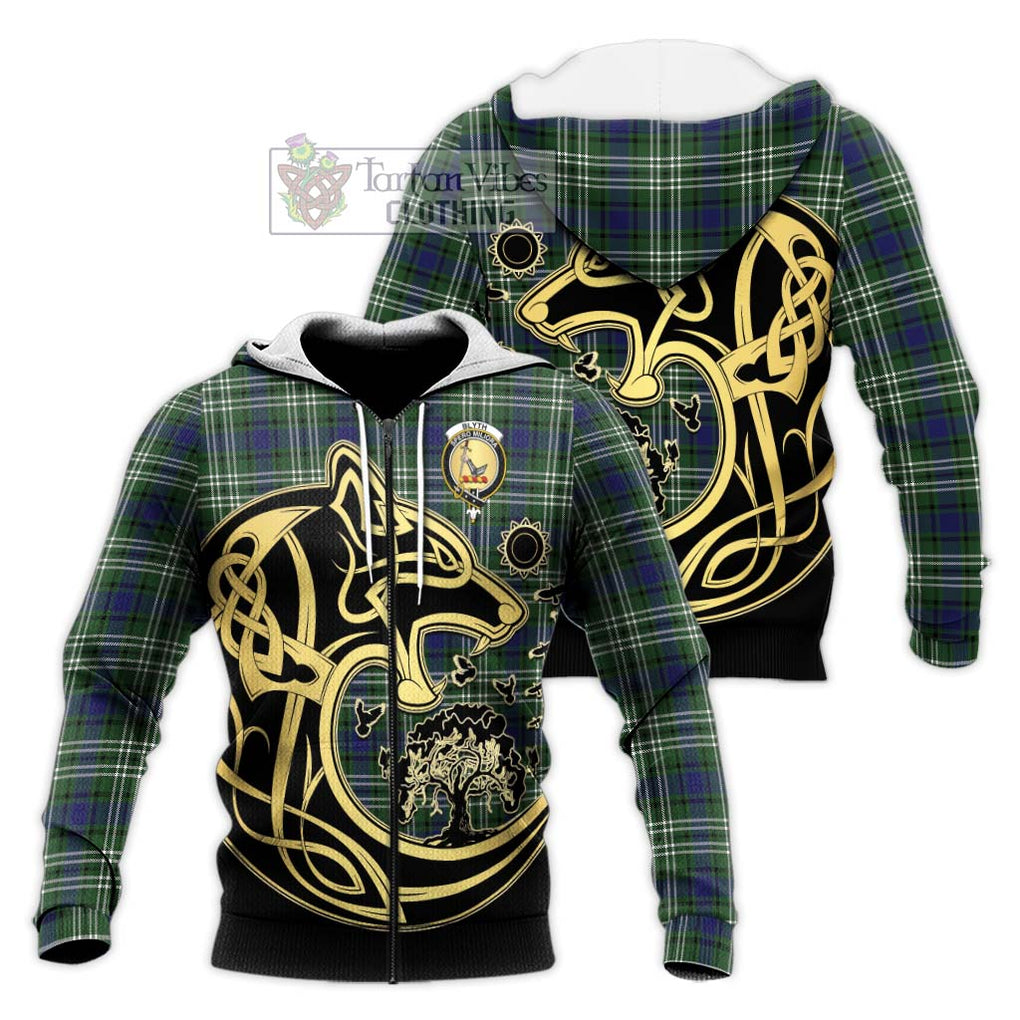 Blyth Tartan Knitted Hoodie with Family Crest Celtic Wolf Style Unisex Knitted Zip Hoodie - Tartan Vibes Clothing